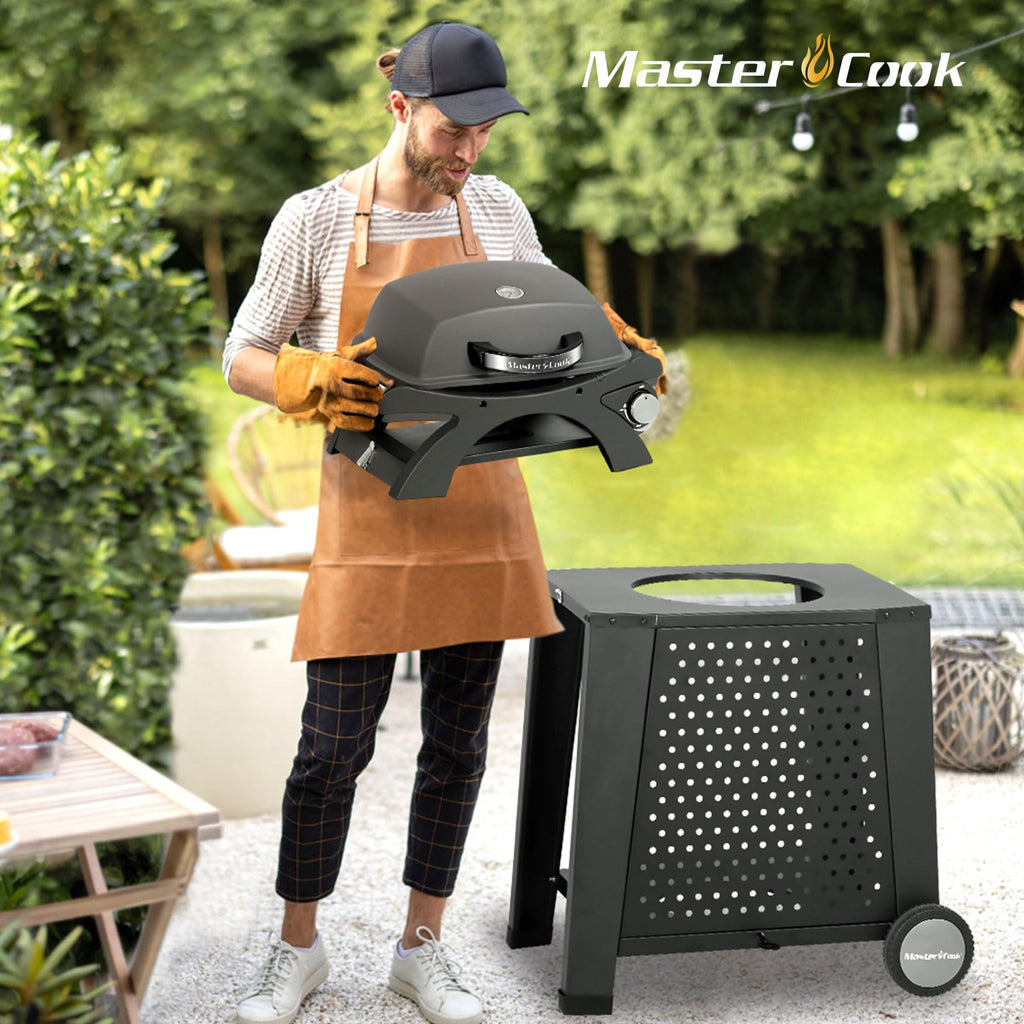 MASTER COOK Propane Gas Grill, Portable Tabletop Barbecue Grill with Cart for Patio, Camping, Travel